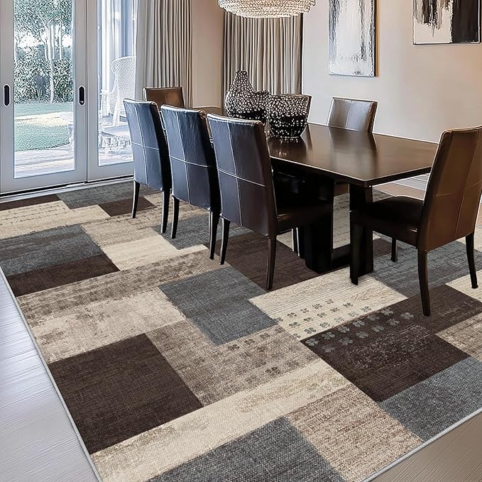 Modern Geometric Patchwork Indoor Area Rug for Living Room, Blue-Taupe 5'x 7' Large Rug Rockwood Collection Hardwood Floors Decor for Bedroom, Blue Throw Carpet for Office Entryway Dining Room