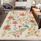 Rustic Flower Area Rug, 4x5ft, Classic Colorful Bohemian Floral Pattern with Beige Large Hall Botanical Rug, Non Slip No Crease Easy Care Girls Room Decor Carpet for Relax Room Bedroom