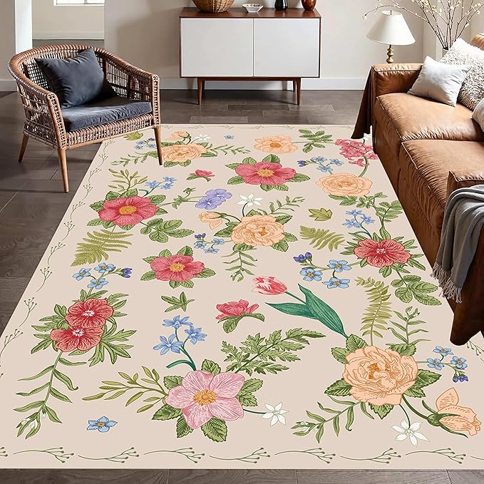Rustic Flower Area Rug, 4x5ft, Classic Colorful Bohemian Floral Pattern with Beige Large Hall Botanical Rug, Non Slip No Crease Easy Care Girls Room Decor Carpet for Relax Room Bedroom