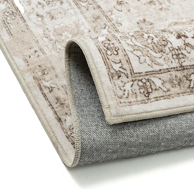 Taupe 8x10 Area Rug Washable Vintage Living Room Carpet Non Slip Retro Distressed Low Pile Soft Oriental Medallion Thin Large Throw Rug for Office Bedroom Dining Room Playroom