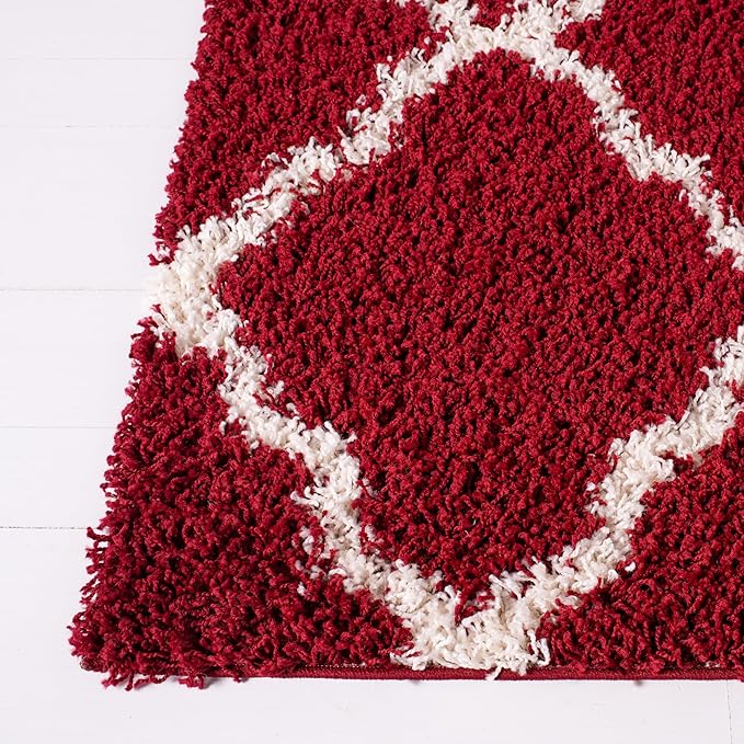 SAFAVIEH Area Rug 8x10 - Dallas Shag Collection - Large - Red & Ivory, Trellis Pattern, Non-Shedding & Easy Cleaning, Plush Thick Pile, Ideal for Living Room, Bedroom, Dining Space (SGD257Q)