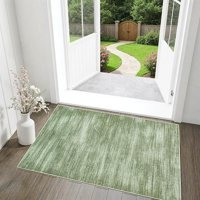 Olive Green Rug 2x3 Modern Abstract Neutral Area Rug for Entryway Indoor Loden Green Low Pile Floor Carpet with Non Slip Washable Small Rugs for Bathroom Kitchen 2 x 3