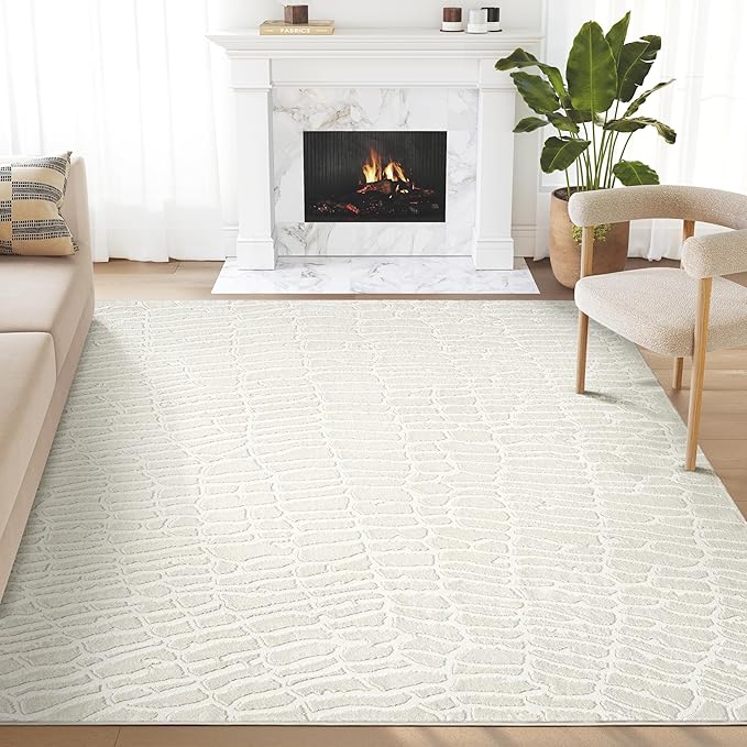 Abani Cream Area Rug for Living Room, Bedroom - Pebble Pattern - 8 x 10 - Durable & Easy to Clean
