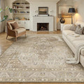 8x10 Washable Vintage Area Rug for Living Room Bedroom Non Slip Distressed Traditional Soft Large Throw Rug Beige Brown Low Pile Lightweight Floral Carpet Office Indoor Classroom Dining Room