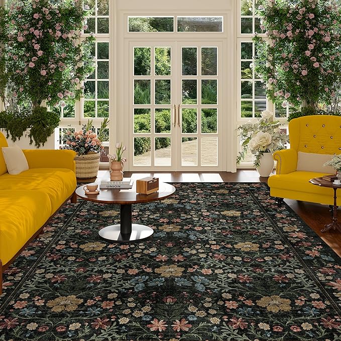 DUKINO 6x9 Rugs for Living Room, Vintage Washable Rug with Non Slip Backing, Floral Low Pile & Non-Shedding Large Area Carpets for Bedroom, Dining Room, Farmhouse, Home Office, Black