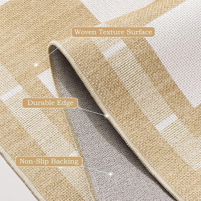 Vasofe Checkered Jute 5x7 Area Rugs, Washable Outdoor Patio Rug for Living Room Bedroom Indoor Carpet, Non Slip Modern Farmhouse Neutral Geometric Rugs Office Porch Dining Room Mat, Khaki and White