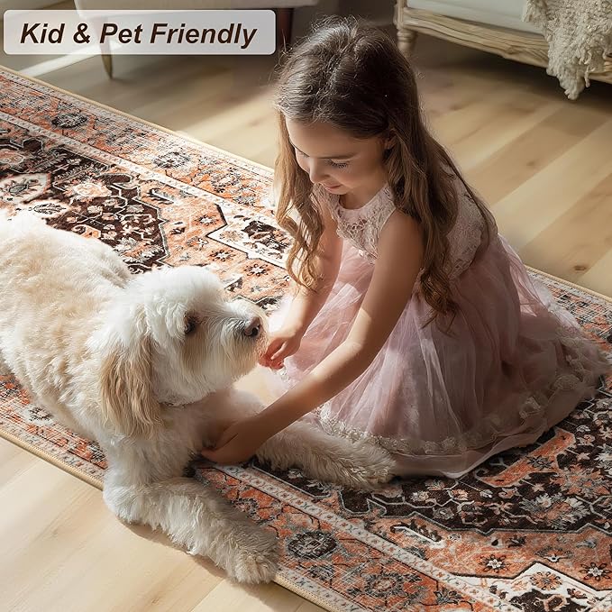 XWZO Entryway Area Rug 2x3ft — Soft Vintage Low Pile Non-Slip Backing Door Mat for Bedroom Bathroom Kitchen Laundry, Spill Resistant Washable Small Indoor Carpet for Doorway & Entrance, Brick Red