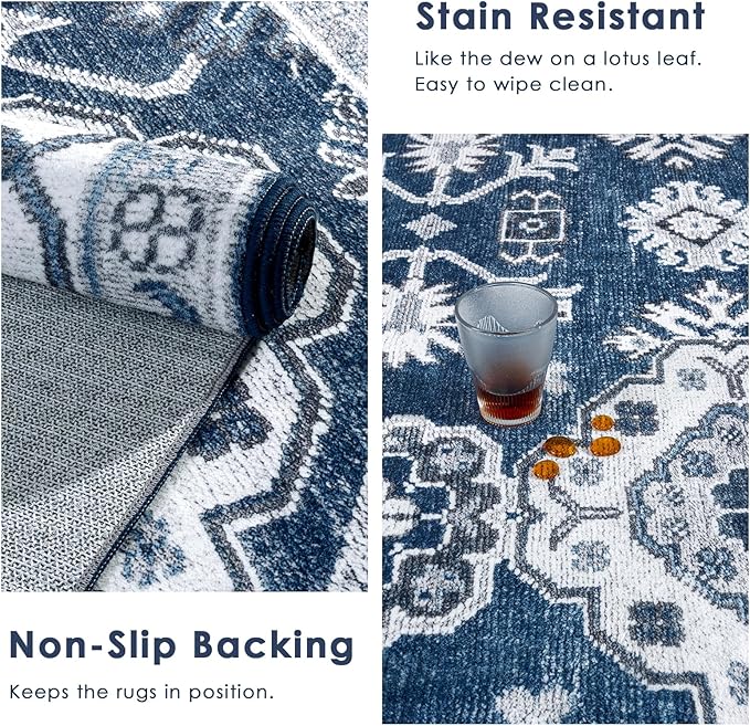 VK VK·LIVING Machine Washable Rug 4'x6' Vintage Design Washable Area Rugs with Non Slip Rugs for Living Room Bedroom Traditional Woven Carpet Stain Resistant Home Decor Office Boho Rug (Navy)
