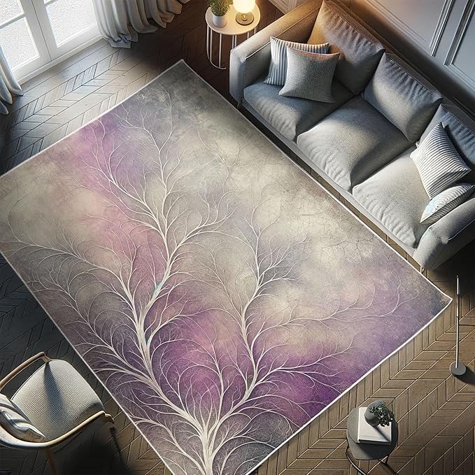 Ambesonne Branches Decorative Rug, Modern Abstract Concept Dreamy Clouds Back Leafless Tree Silhouette, Quality Carpet for Bedroom Dorm and Living Room, 5' 1" X 7' 5", Pale Purple Grey Mauve