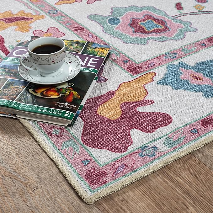 Fame Living Pink Oushak Rug, Modern, Vintage, Turkish, Eclectic, Floral, Pastel, Washable, Area Rugs for Living Room, Dining, Bedroom, Office, Entryway, Foyer, Playroom, Nursery, 5'x6'9"