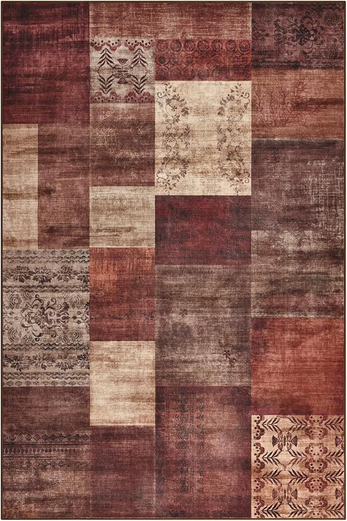 Tepook Modern Area Rug for Living Room, 5x7 Geometric Large Rugs for Bedroom, Washable Patchwork Rug Indoor Non-Slip Throw Carpets for Dining Room Office Farmhouse Home Decor, Red