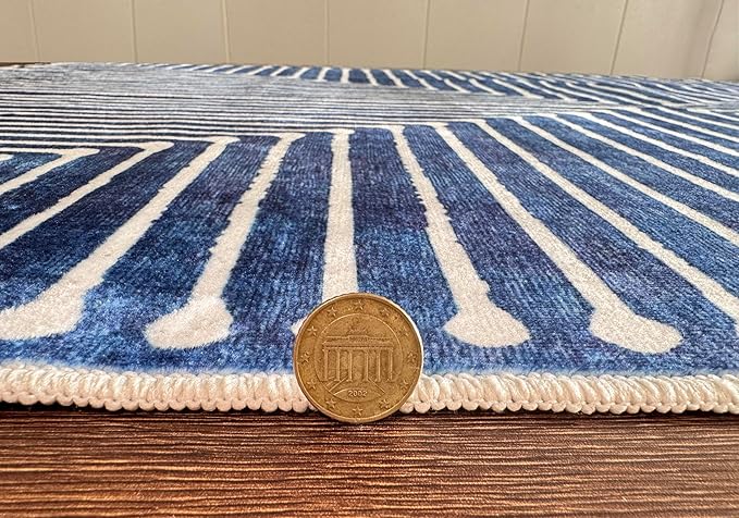 GLN Rugs Contemporary Collection - Machine Washable Area Rug, Contemporary Washable, Non Slip, Low Pile Chenille Rug, Living Room, Bedroom, Kitchen Rug (4' x 6' Lines Blue)