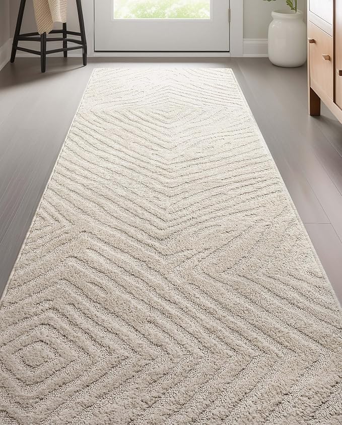 Well Woven Custom Size Hallway Stair Runner - Choose Your Length - 27 Inches Wide x 25 Feet Long Runner (27" x 25' Runner) Rug - Ivory Relajo Soft Touch, Modern Geometric - Hi-Lo Pile