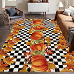 Pumpkin Area Rugs, 4x6ft, Fallen Leaves Autumn Harvest Pumpkins Black and White Checkered Rug, Ultra-Thin Rubber Non Slip Geometric Carpet for Living Room Playroom