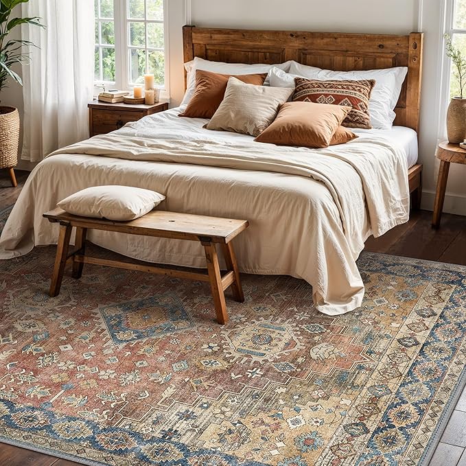 GENIMO 9x12 Area Rugs for Living Room, Machine Washable Non Slip Vintage Rugs, Low Pile Lightweight Chenille Print Rug for Bedroom, Dining Room, Home Office, Antique Red