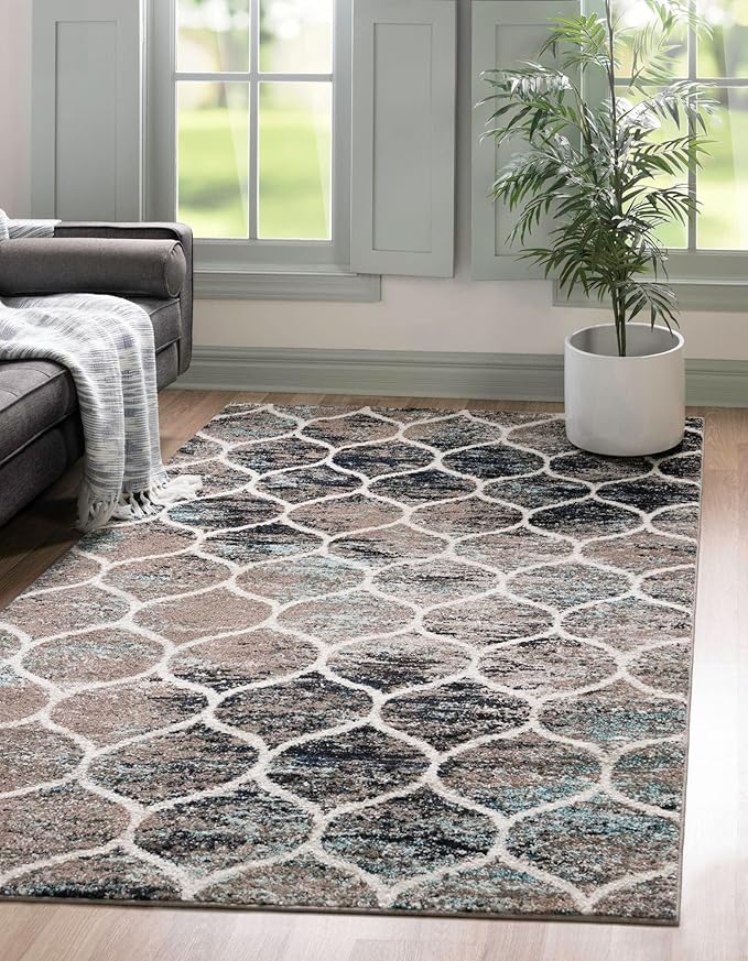 Rugs.com Lattice Frieze Collection Rug – 4' x 6' Blue Multi Medium Rug Perfect for Living Rooms, Large Dining Rooms, Open Floorplans