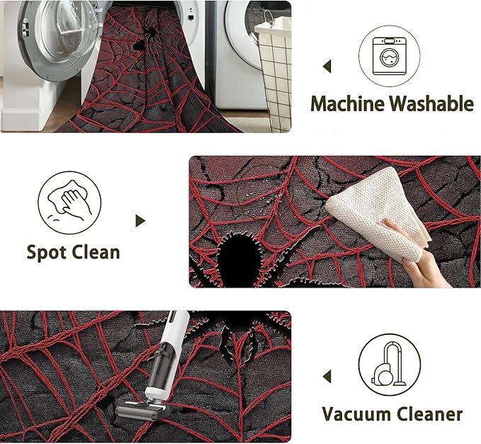 Red Spider Cool Washable Living Room Area Rug, Low Profile Abstract Pattern, Non-Slip Backing Carpet for Kitchen, Bedroom, Dining Room