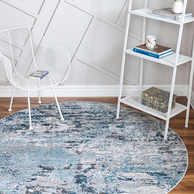 Rugs.com Leipzig Collection Rug – 5 Ft Round Blue Low-Pile Rug Perfect for Kitchens, Dining Rooms