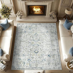 jinchan Area Rug 8x10 Washable Living Room Rug Vintage Indoor Large Floor Cover Retro Distressed Floral Country Boho Lightweight Non Slip Thin Carpet for Kitchen Bedroom Dining Room Office Blue