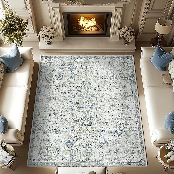 jinchan Area Rug 8x10 Washable Living Room Rug Vintage Indoor Large Floor Cover Retro Distressed Floral Country Boho Lightweight Non Slip Thin Carpet for Kitchen Bedroom Dining Room Office Blue