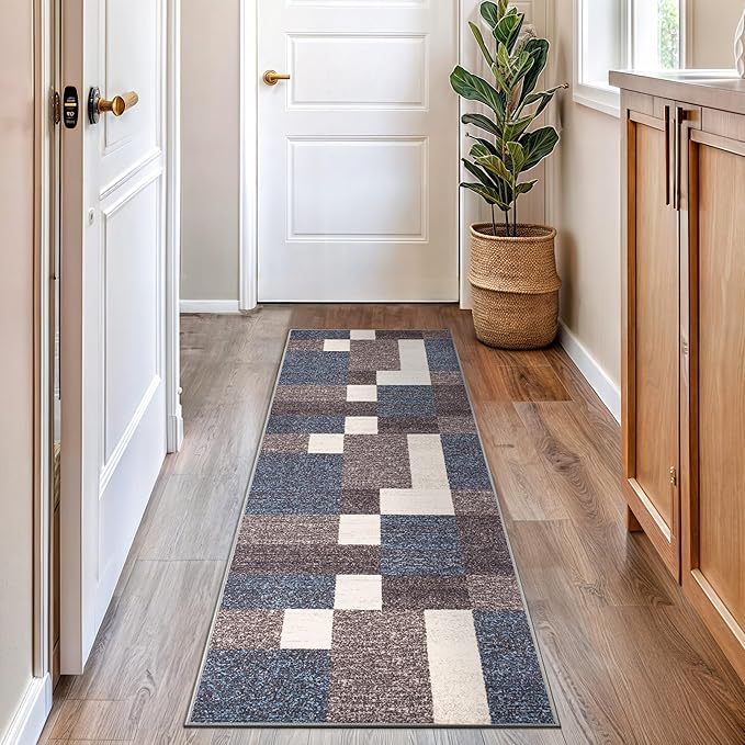 Rugshop Contemporary Blue Geometric Boxes Non-Slip Area Rug Non-Shedding for Living Room, Dining Room and Office, 2" x 7" (22" X 84")