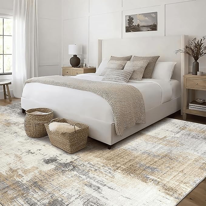 ReaLife Rugs Machine Washable Area Rug - Living Room Bedroom Bathroom Kitchen Entryway Office - Padded Low Pile Stain Resistant Premium - Modern Abstract Contemporary - Quinn - Beige 4' x 6'