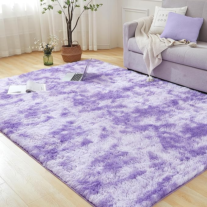 Andency Soft Area Rugs for Living Room Bedroom, 5x8 Fluffy Shaggy Bedside Rug, Non-Slip Large Shag Fuzzy Plush Carpets for Bedroom Kids Dorm Nursery Home Decor Aesthetic, Tie-Dyed Purple