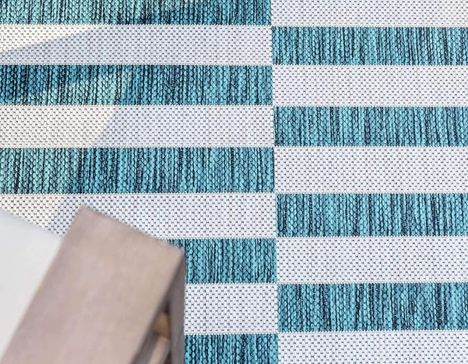Unique Loom Outdoor Striped Collection Area Rug - Striped (4' 1" x 6' 1" Rectangle, Teal/Ivory)