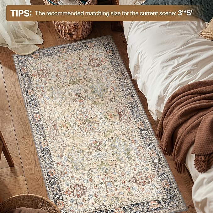 Bavni Bedroom Rug Runners for Hallways, Washable Runner Rug 2x10, Low Pile Non-Slip Indoor Throw Carpet for Bedroom Laundry Room, Ivory/Teal