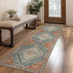 Bavni Kitchen Rug 2x5 Runner Rugs for Hallways Entryway, Washable Vintage Print Carpet, Ultra-Thin Chenille Low Pile Lightweight Rug with Non Slip Backing, Light Red/Blue