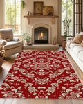 Red Flower Carpet for Living Room, 5x7 Non-Slip Washable Low Pile Abstract Design Rug, Space Saving Area Rug for Bedroom, Dining Room