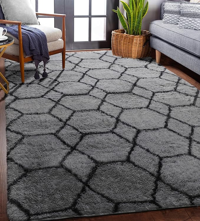 ONASAR 5x7 Area Rugs for Living Room Bedroom, Washable Fluffy Grey and Black Throw Rug, Geometric Boho Soft Plush Shaggy Floor Carpet for Nursery Kids Girls Boys Teen Dorm Home Decor Aesthetic