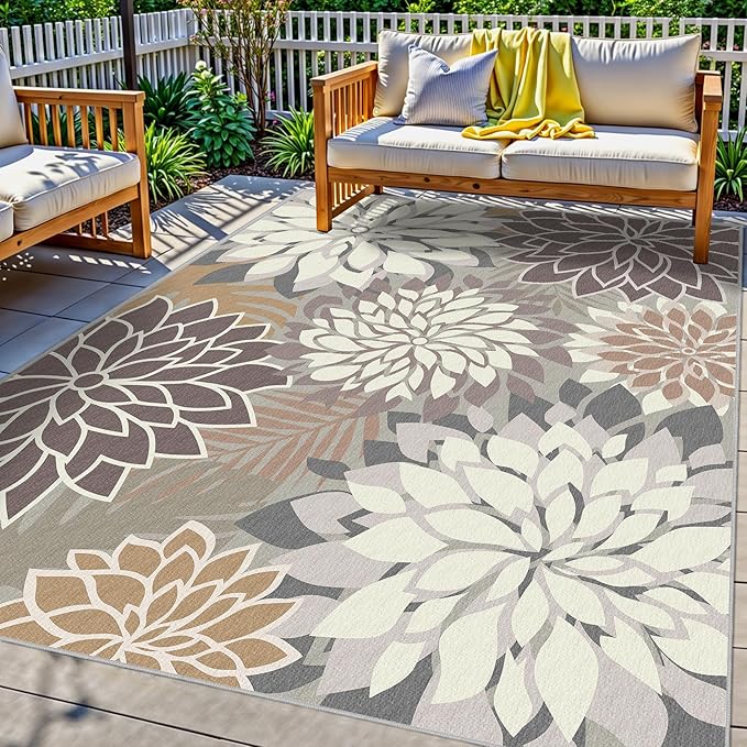 6x9 Outdoor Area Rug Washable Multicolored Patio Rug Tropical Botanical Floral Chenille Waterproof Outdoor Carpet Non-Slip for Patio, Deck, Backyard, Porch, Taupe