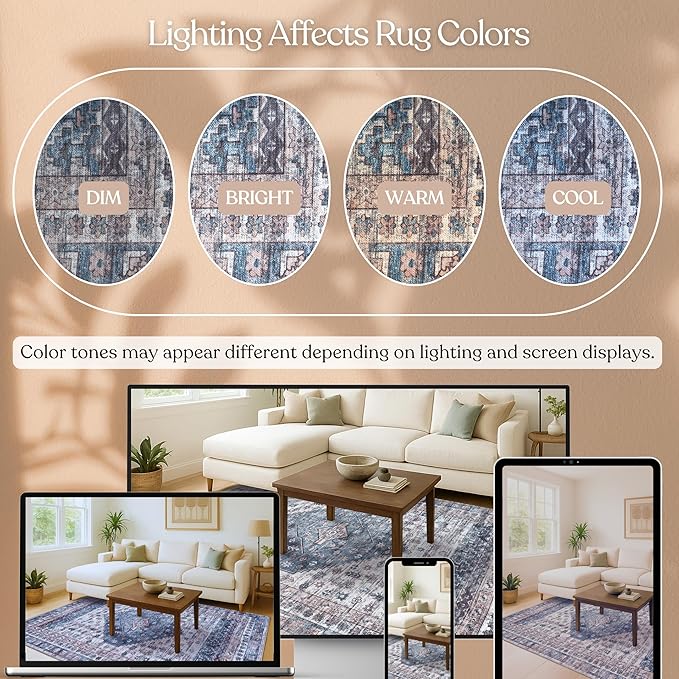 Washable Area Rug. Modern Farmhouse. Vintage. Turkish. Bohemian. Distressed. Oriental. Traditional. Rugs for Living Room. Dining. Bedroom. Office. Entryway. Foyer. (859NC, 2'5 x 9'8)