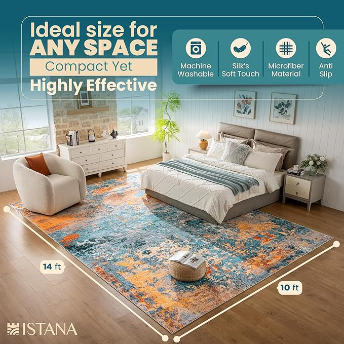 Istana Living Room Rug 10x14 - Multi/Blue 10 x 14 Area Rug - Foldable Machine Washable Area Rugs 10x14 - Stylish 10x14 Area Rugs Boho - Stain Resistant Washable Rug 10x14