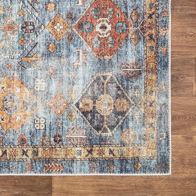 Bloom Rugs Washable Non-Slip 7 ft Runner - Blue/Orange Traditional Bordered Runner for Entryway, Hallway, Bathroom, and Kitchen - Exact Size: 2.5' x 7'