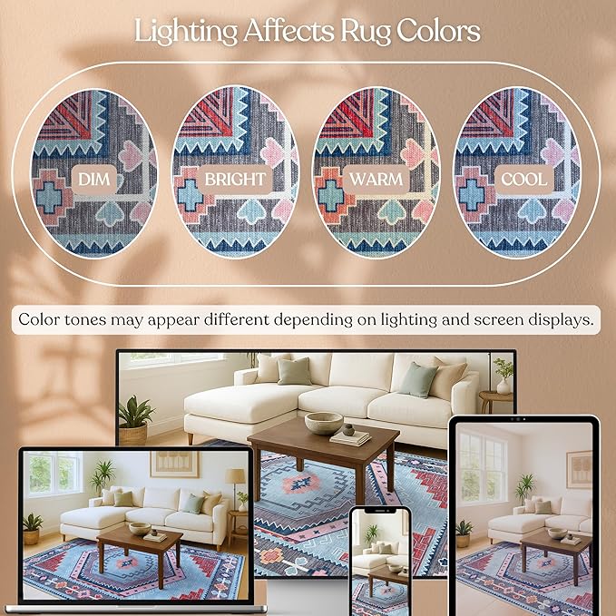 Fame Living Washable Area Rug. Modern Farmhouse. Vintage. Turkish. Bohemian. Distressed. Oriental. Traditional. Rugs for Living Room. Dining. Bedroom. Office. Entryway. Foyer. (856BlM, 2'5" x 13')