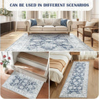 jinchan Fiora 4x6 Area Rugs for Bedroom - Machine Washable Distressed Vintage Floral Design Stain Resistant Boho Carpet Ultra-Thin Low Pile Non-Slip Rug for Living Room Dining Room (4‘x6', Dark Blue)