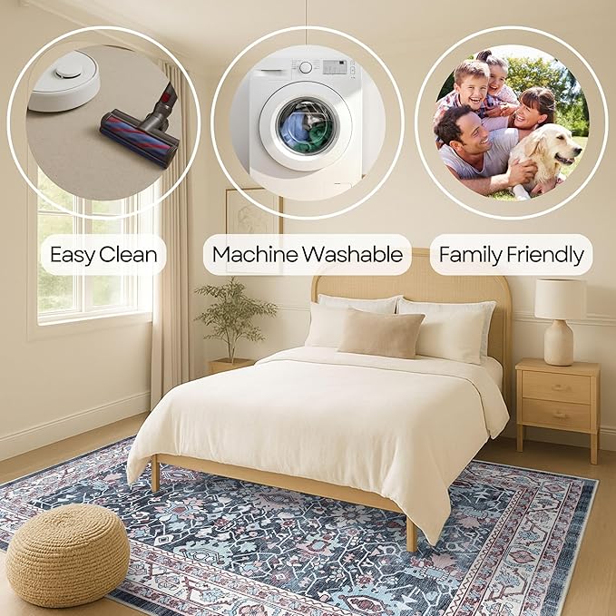 Fame Rugs Turkish Rug. Washable Vintage Oriental Antique Inspired Traditional Doormat Small Modern Area Rugs Luxury Entryway Entry Bedroom Bathroom Kitchen (409CN, 2'5 x 9'8)