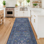 Non Slip 2x6 Dark Blue Kitchen Runner Rug - Long Runner Rugs 24 x 72 Washable Hallway Floor Mat, Bedroom Laundry Room Bathroom Runner - Dusky Navy Vintage Floral Design Décor