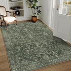 3x5 Washable Area Rugs for Living Room, Vintage Boho Large Rug for Bedroom Dining Room Office, Distressed Floral Print Carpet for Under Table, Soft Non Slip Low Pile Throw Carpet Indoor Mat, Green