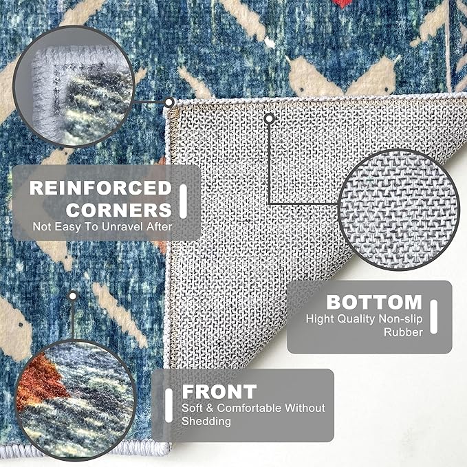 KILOCOCO Hallway Runner Rug 2.6'x12' Runners for Hallways Washable Runner Soft Non Slip Printed Geometric Low-Pile Rugs Runners for Bedroom Kitchen Living Room Boho Rugs, Teal/Blue