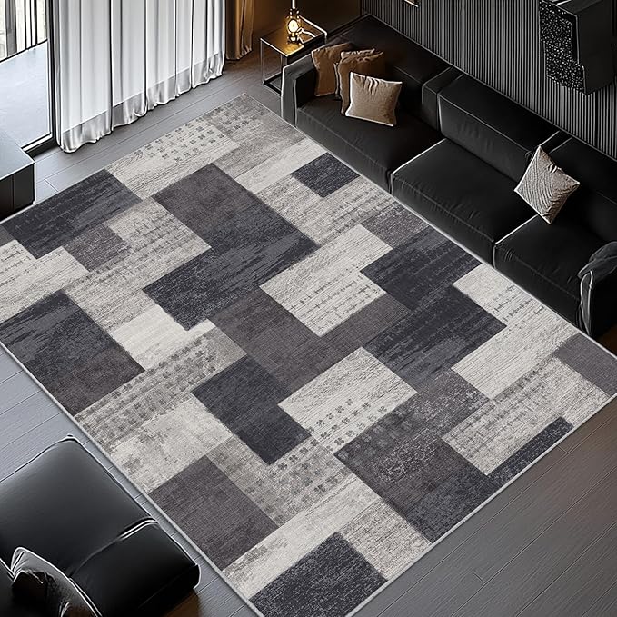 Modern Geometric Patchwork Indoor Area Rug for Living Room, Charcoal 6'x 9' Large Rug Rockwood Collection Hardwood Floors Decor for Bedroom, Grey Throw Carpet for Office Entryway Dining Room