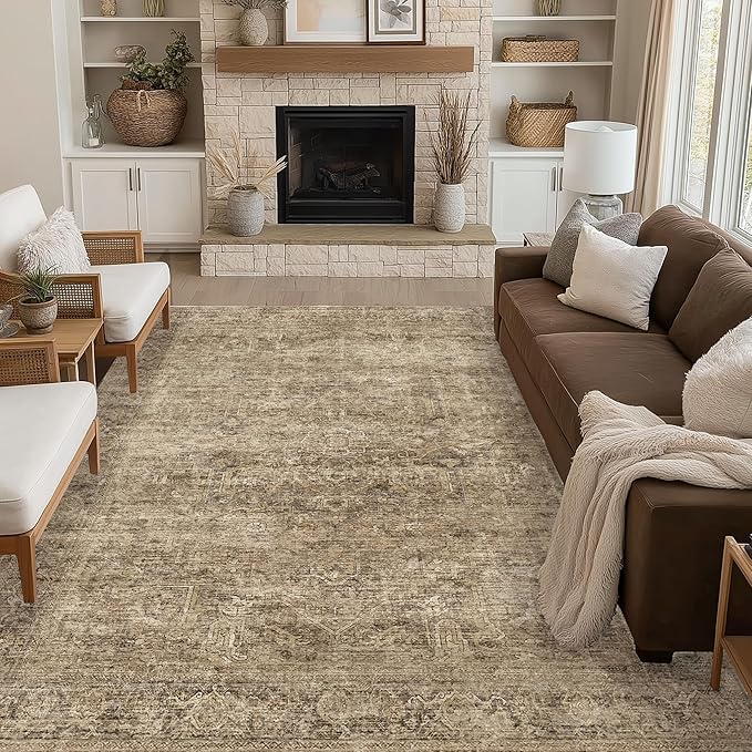 FMFUNCTEX 6x9 Washable Area Rug Brown Vintage Neutral Distressed Oriental Large Non Slip Carpet for Living Room Bedroom Soft Low Pile Indoor Mat Retro Throw Rug for Dining Room Kitchen Office Nursery