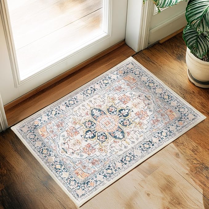 XWZO Entryway Area Rug 2x3ft — Soft Vintage Low Pile Non-Slip Door Floor Mat for Bedroom Bathroom Kitchen Laundry, Spill Resistant Washable Small Indoor Carpet for Doorway Entrance, Colorful