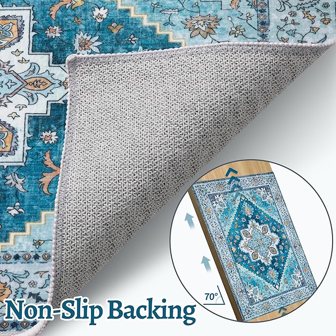 Tangsoo 5x7 Area Rug Washable Rugs for Living Room, Vintage Indoor Non Slip Large Area Rugs, Print Carpet, Soft Low Pile Rug Foldable Floor Rug for Bedroom Dining Room Dorm Blue