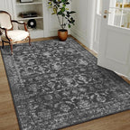 3x5 Washable Area Rugs for Living Room, Vintage Boho Large Rug for Bedroom Dining Room Office, Distressed Floral Print Carpet for Under Table, Soft Non Slip Low Pile Throw Carpet Indoor Mat, Black