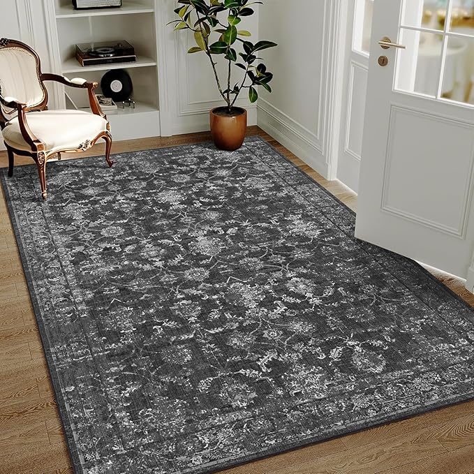 3x5 Washable Area Rugs for Living Room, Vintage Boho Large Rug for Bedroom Dining Room Office, Distressed Floral Print Carpet for Under Table, Soft Non Slip Low Pile Throw Carpet Indoor Mat, Black