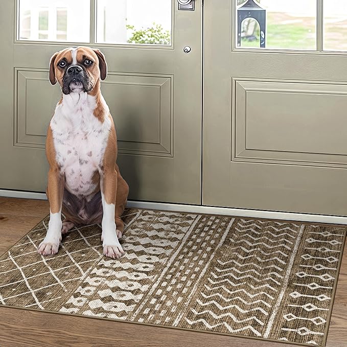 2x3 Machine Washable Area Rug for Entryway, Brown Vintage Moroccan Rug Non-Slip Low Pile Soft Faux Wool Small Carpet, Kids and Pets Friendly for Bedroom Kitchen Hallway Bedside Home Decor Rug