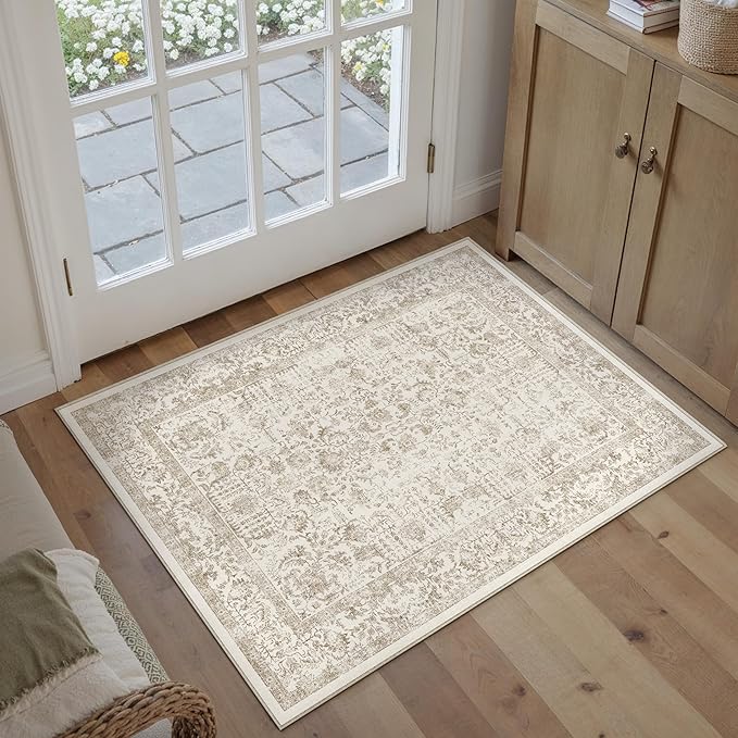 Light Brown Entryway Area Rug 2x3 Door Mat Machine Washable Kitchen Vintage Distressed Non Slip Carpet Indoor Retro Floral Accent Throw Small Rug for Bathroom Office Bedroom Dining Room